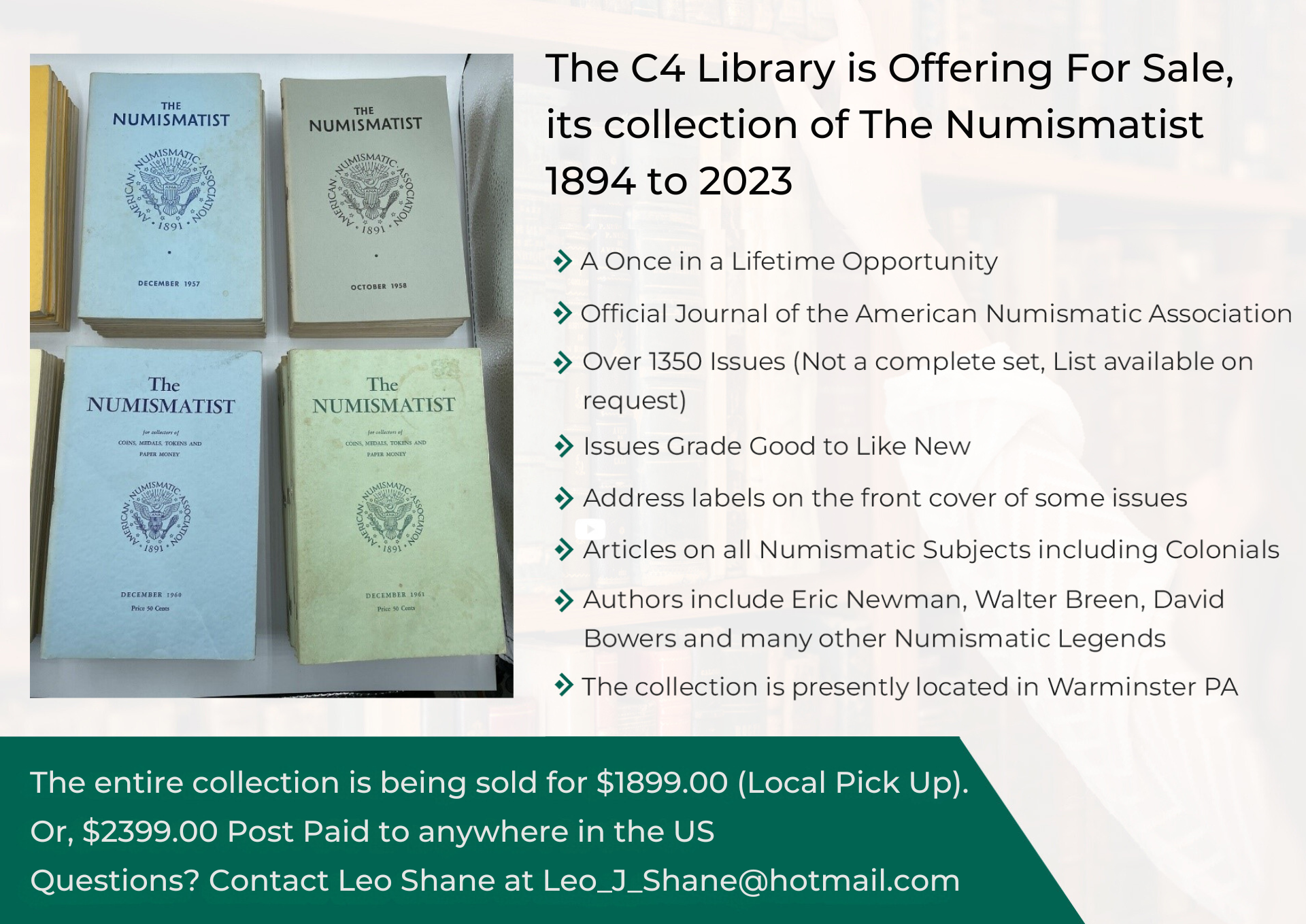 The C4 Library is Offering For Sale, its collection of “The Numismatist” 1894 to 2023